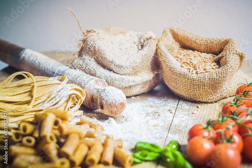 Pasta tubes and tagliatelle with integral flour.