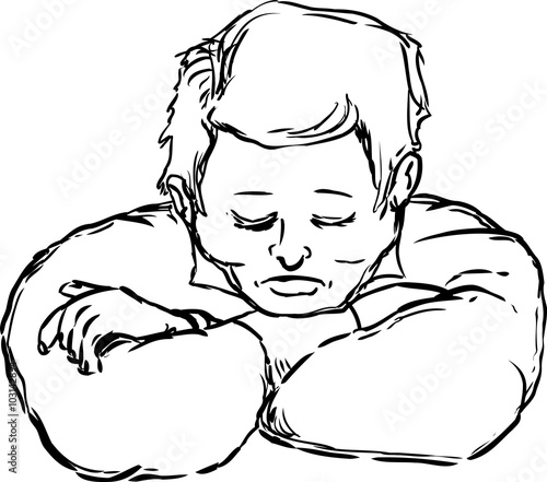 Outlined napping man with chin on arms