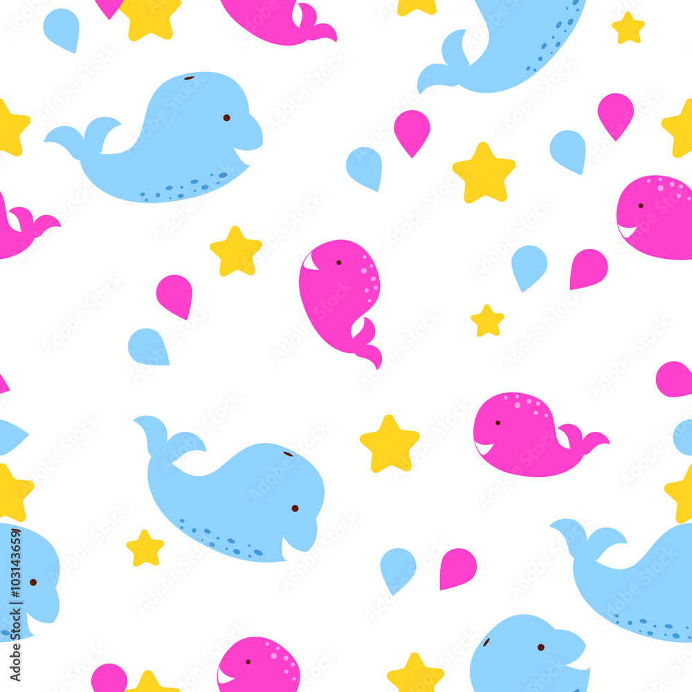 Whale kid seamless vector pattern for textile print. Blue and pink happy cartoon whales on white star background. Fabric baby pattern.