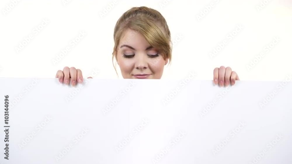 Woman with blank presentation board banner sign 4K Woman with blank presentation board banner sign 4K