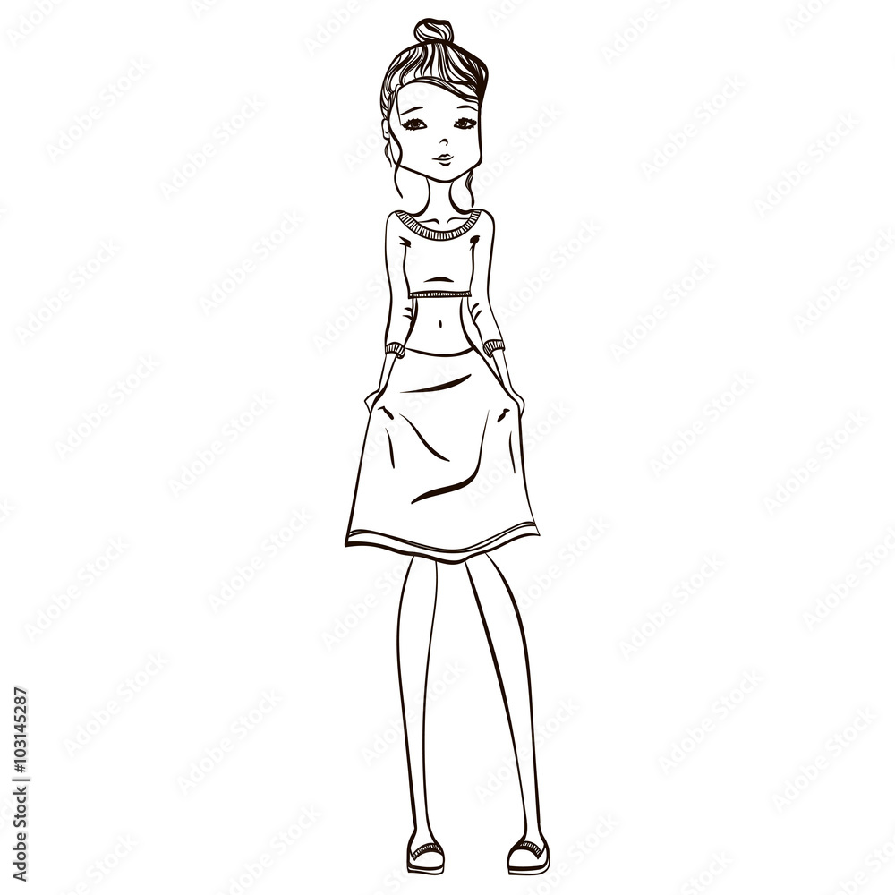 Cute Hand Drawn Fashion Sketch with a Beautiful Woman Wearing Stylish  Clothes Stock Vector | Adobe Stock