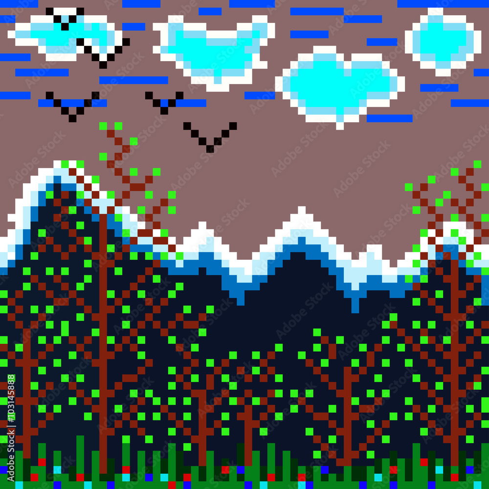 pixels mountain and forest vector illustration
