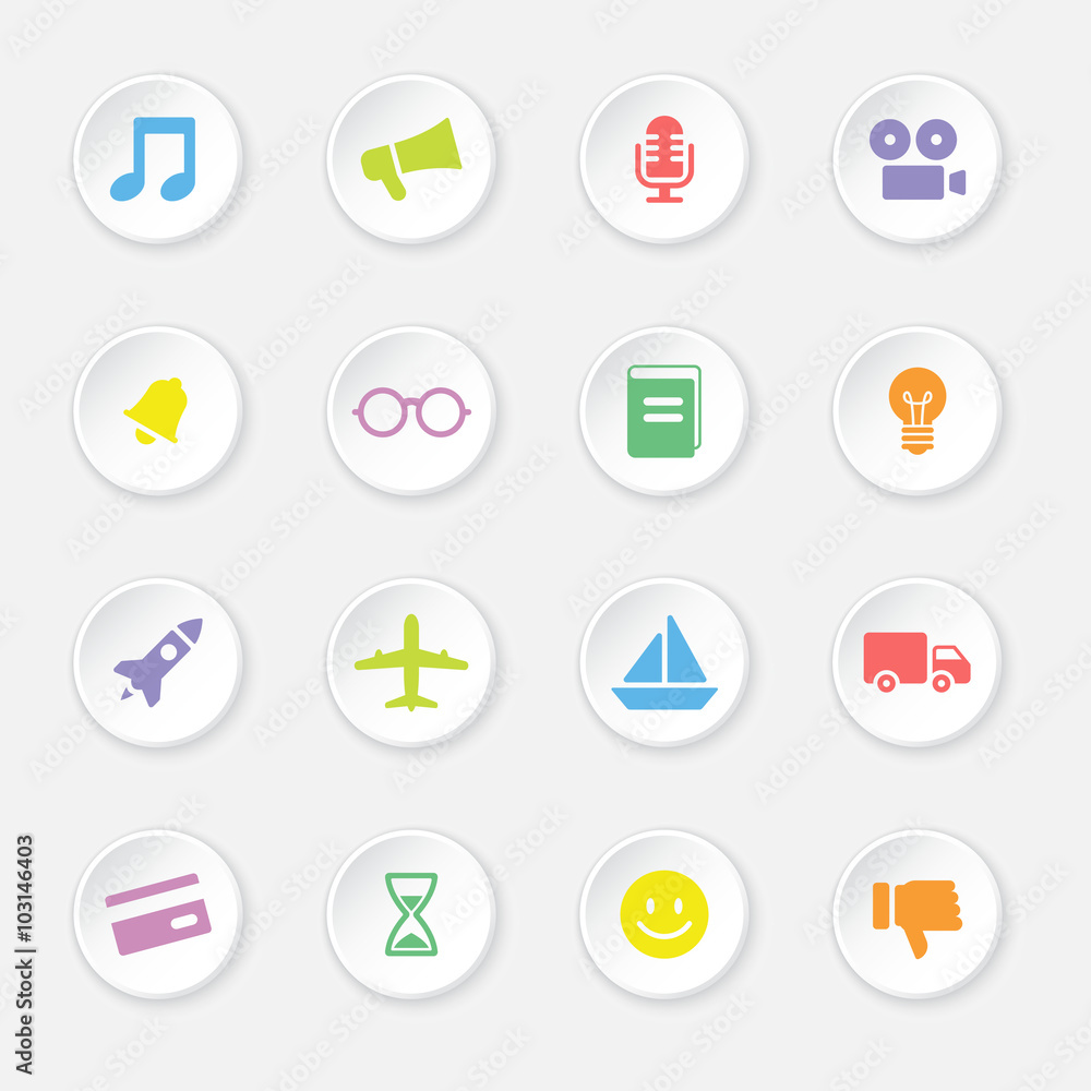 colorful web icon set 3 on white circle button with soft shadow for web design, user interface (UI), infographic and mobile application (apps)