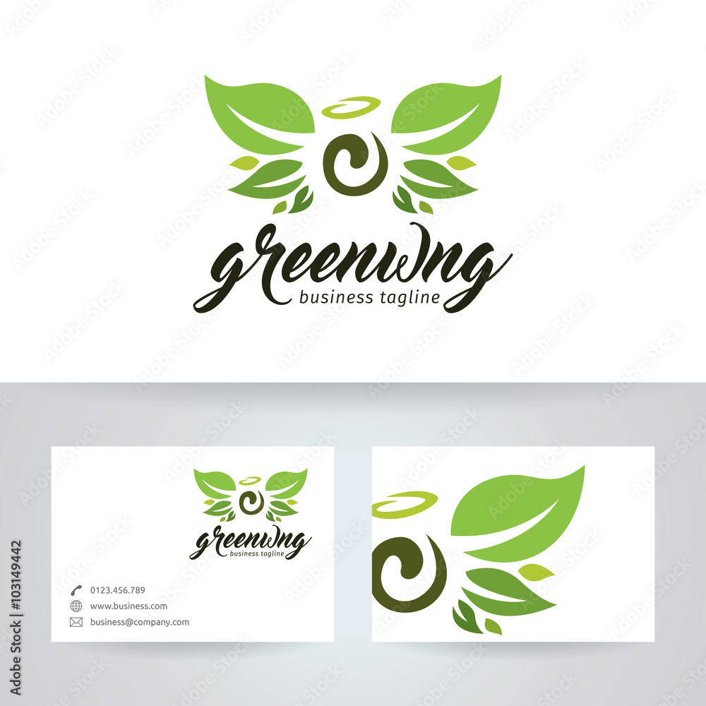 Green wings vector logo with business card template