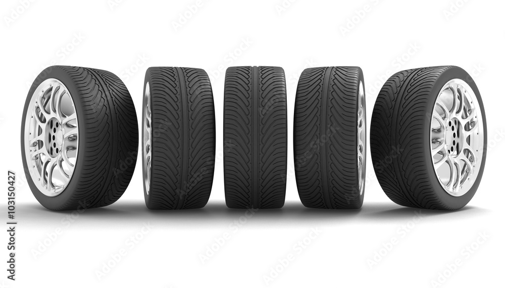 Car Wheels. Concept design. 3D render Illustration on White Background Car Wheels. Concept design. 3D render Illustration on White Background