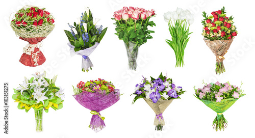 The set of bouquets of flowers, tulips, orchids, lilies, roses, callas, hand bells. isolated on the white