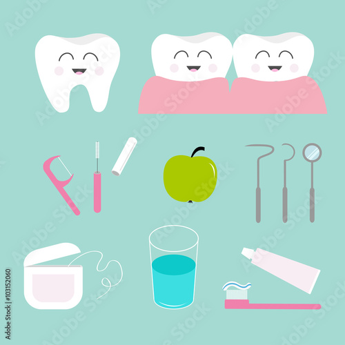 Tooth icon set. Toothpaste, toothbrush, dental tools instruments,  thread, floss, mirror, brush cleaner, water. Children teeth care. Oral dental hygiene. Tooth health. Baby background. Flat design.