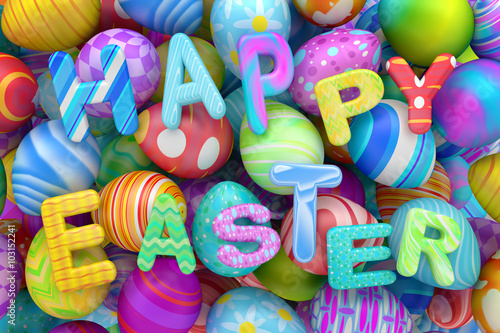 Pile of colorful Easter eggs with Happy Easter