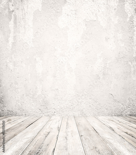 Empty a white interior of vintage room - gray grunge concrete wall and old wo...