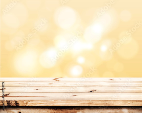 Empty wood table ready for your product display montage. Abstract lights gray and gold bokeh blurred background