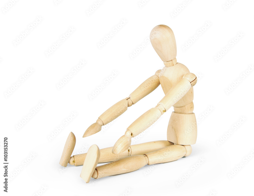 Man doing tilts while morning exercises isolated over white background. Abstract image with a wooden puppet Man doing tilts while morning exercises isolated over white background. Abstract image with a wooden puppet
