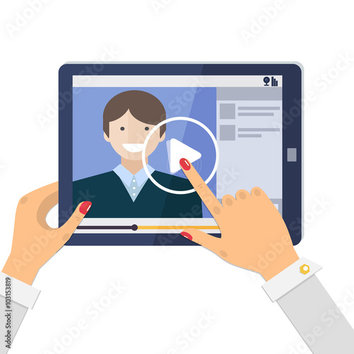 Webinar, online conference, e-learning. Video player - online education on tablet computer. Vector illustration in flat style.