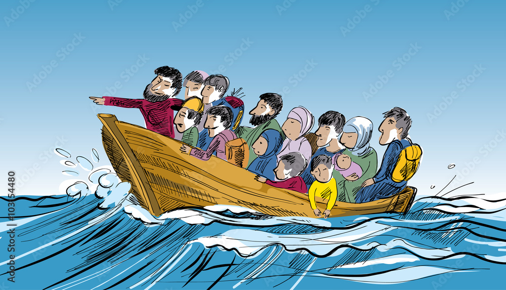 Vecteur Stock Concept of refugee. People of a boat floating in a sea of