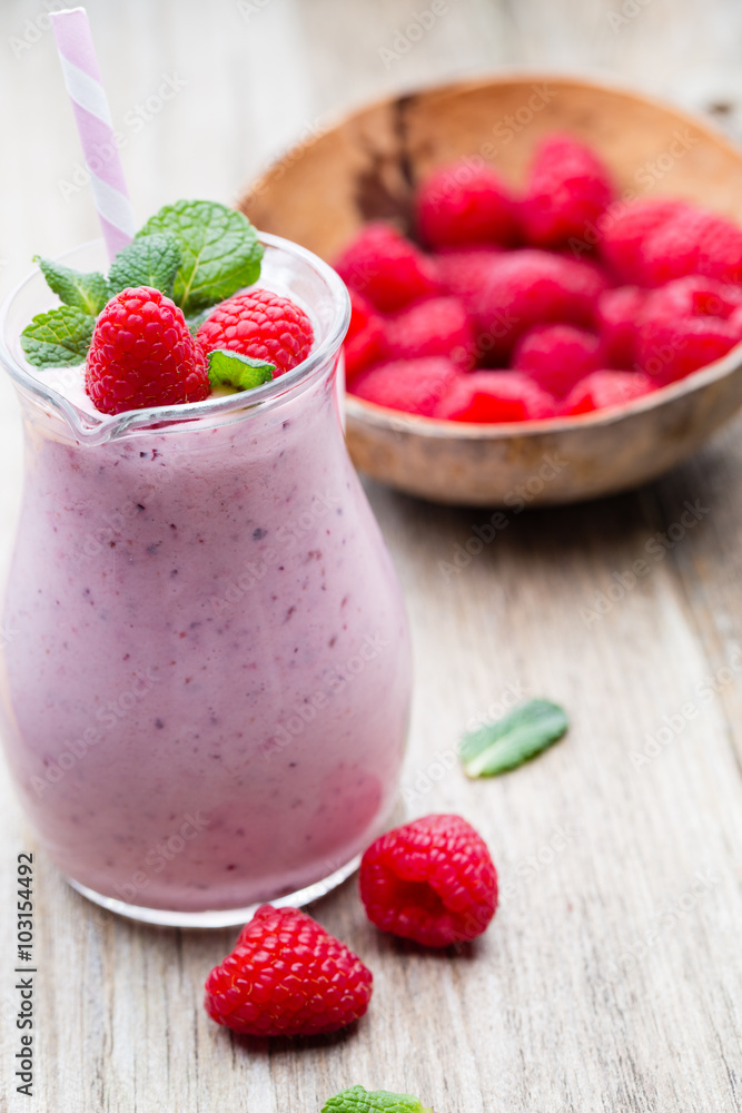 Raspberry milk shake with mint decor. Raspberry milk shake with mint decor.