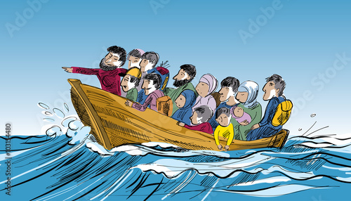 Concept of refugee. People of a boat floating in a sea of refugees to the border. Social theme.