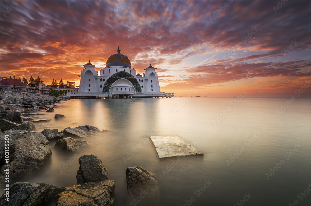 Melaka Strait Mosque (Masjid Selat), Malacca, Malaysia during sunrise