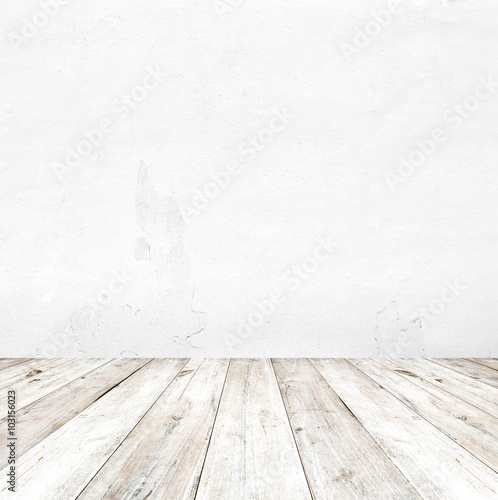 Empty a white interior of vintage room - gray grunge concrete wall and old wo...