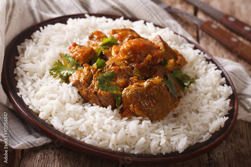 madras beef with garnish basmati rice close-up on a plate. horizontal
