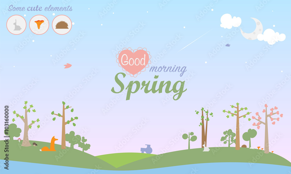 Spring season vector illustration. Landscape with trees in blossom, mushrooms, lake, birds and different animals fox, rabbit, hedgehog, mouse. Inscription in center Good Morning Spring.