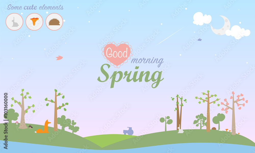 Spring season vector illustration. Landscape with trees in blossom, mushrooms, lake, birds and different animals fox, rabbit, hedgehog, mouse. Inscription in center Good Morning Spring. Spring season vector illustration. Landscape with trees in blossom, mushrooms, lake, birds and different animals fox, rabbit, hedgehog, mouse. Inscription in center Good Morning Spring.