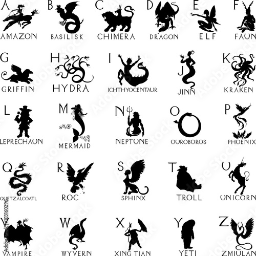 Alphabet with silhouettes of mythical creatures
