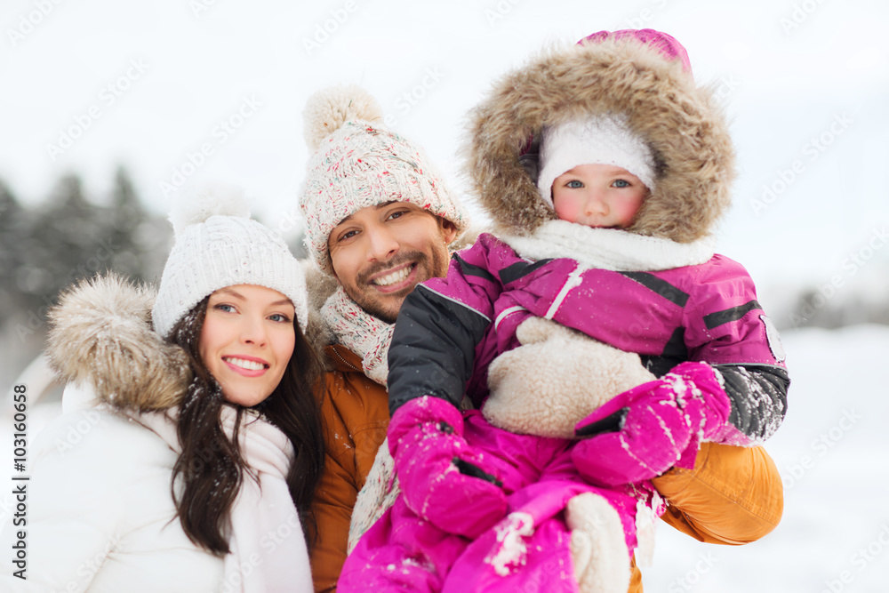 happy family with child in winter clothes outdoors happy family with child in winter clothes outdoors
