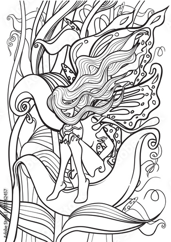 Adult Coloring book – illustration. Tattoo set: Fairy. Vector illustration.