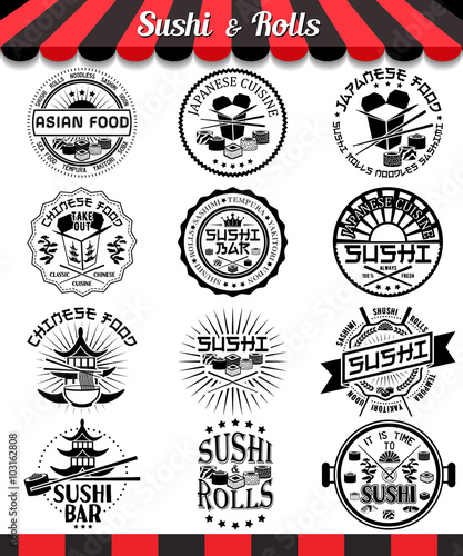 Sushi and rolls labels set. Japanese and chinese cuisine vector logos and badges . Asian food vector illustration