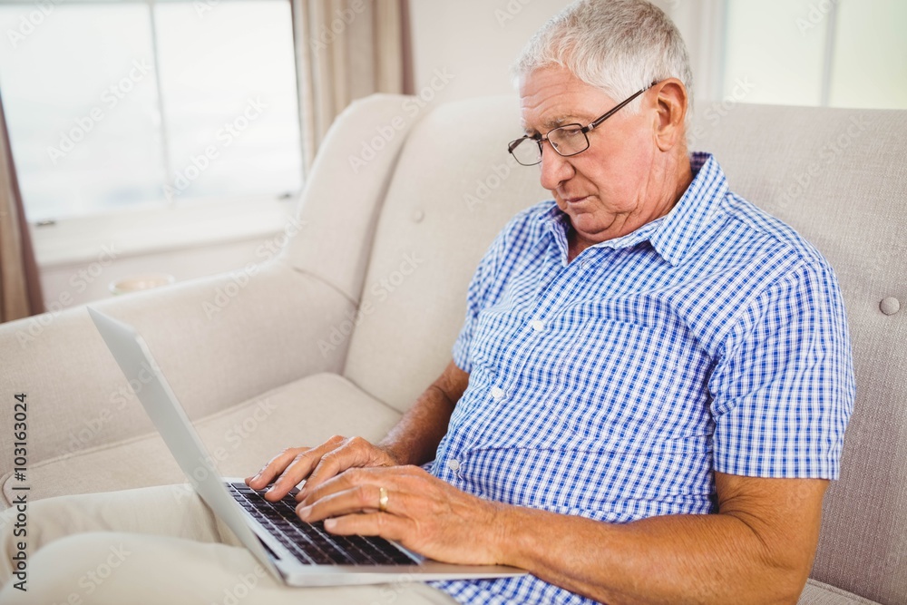 Senior man using laptop in living room Senior man using laptop in living room