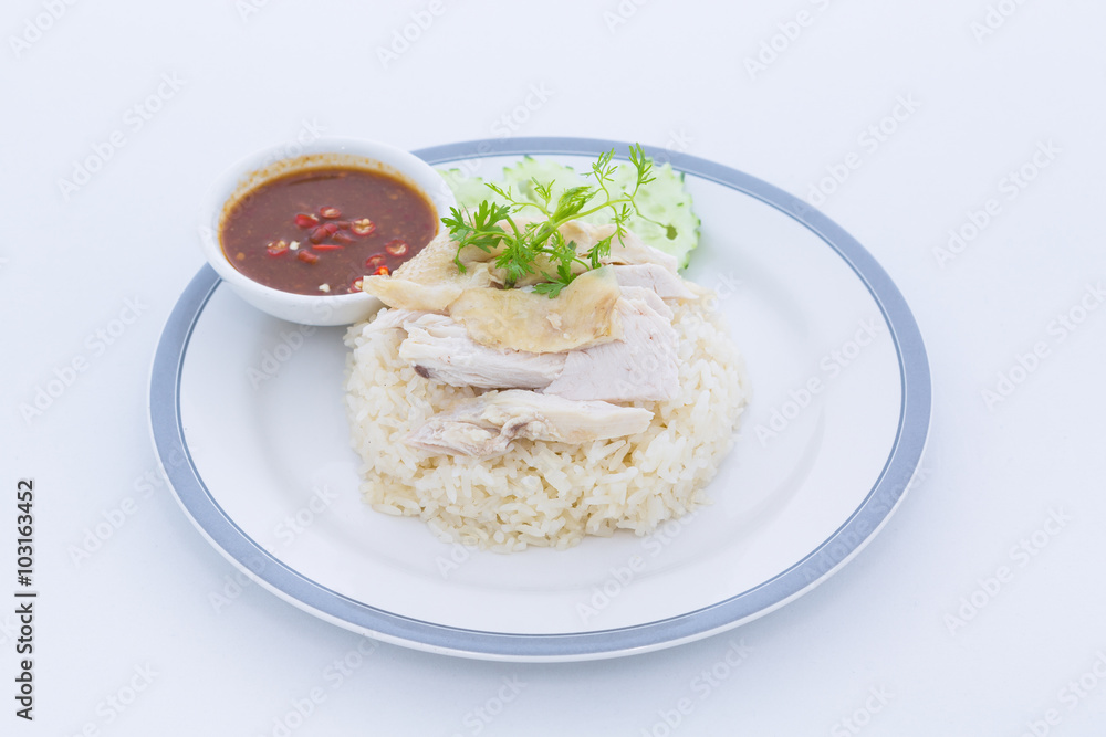 Steamed chicken with rice and spicy sauce