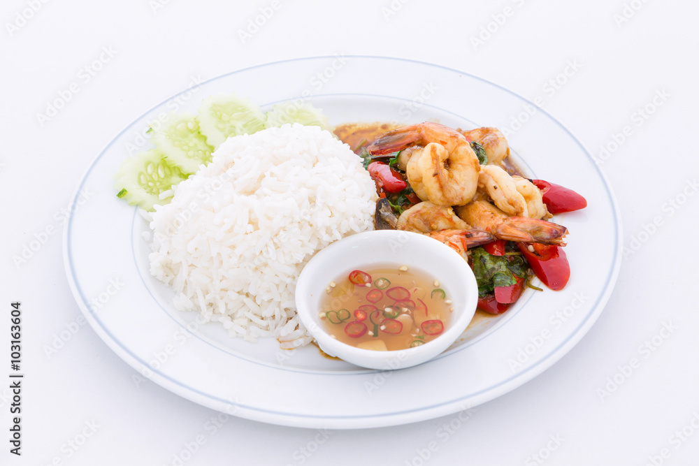 Shrimps with chili, basil, sunny-side-up, stream rice. Shrimps with chili, basil, sunny-side-up, stream rice.