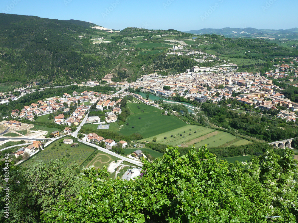 A beautiful panorama of Fossombrone taken from above in the Le Marche region of Central Italy showing the river Metauro  and the castle and citadel above the town