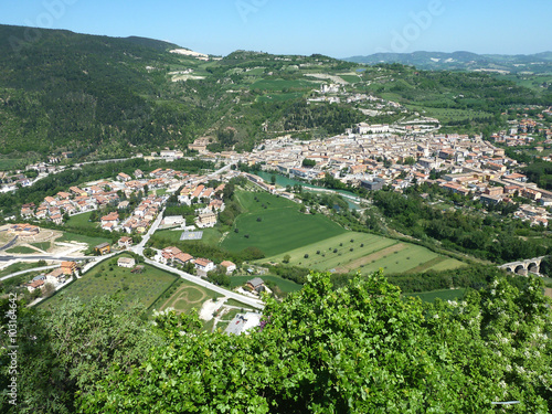 A beautiful panorama of Fossombrone taken from above in the Le Marche region of Central Italy showing the river Metauro  and the castle and citadel above the town
