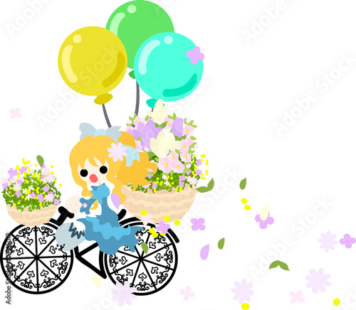 A girl pedals the bicycle with the flower basket  and flowers are dancing.