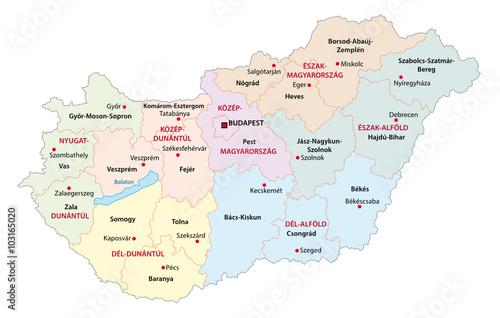 administrative map of the Hungarian regions and counties