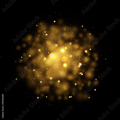 Vector gold star sparkles in space. Glittering shining particles in galaxy