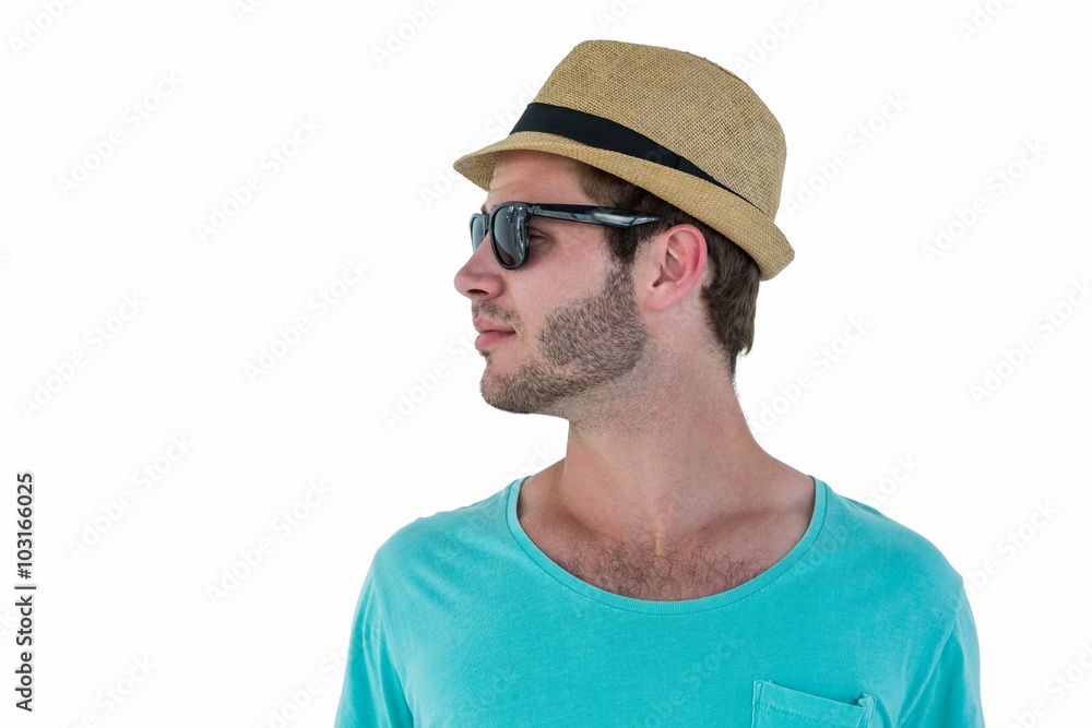 Hipster man posing with sunglasses and hat Hipster man posing with sunglasses and hat
