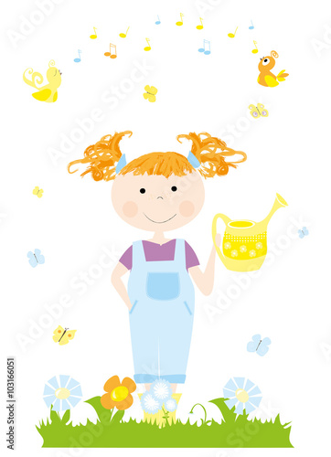Little gardener. Cute smiling child watering flowers and spring / summer nauture elements: flowers, bees, butterflies