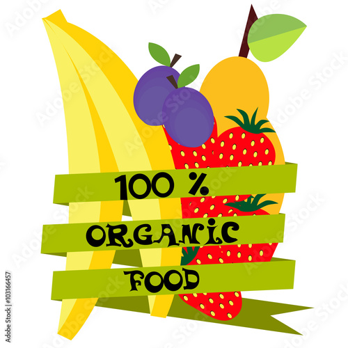 Label with 100 percent organic food text and fruits on white background.