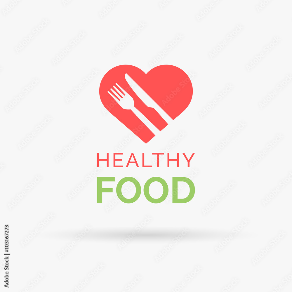 Eat healthy food icon with red heart, fork and knife. Healthy heart and diet symbol. Vector illustration.
