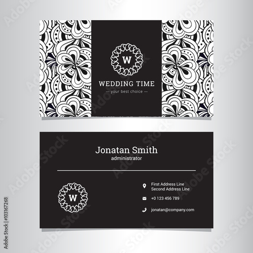 Vector elegant wedding agency business card template with flowers abstract pattern