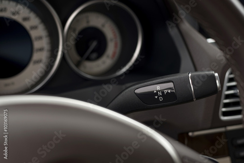 Car speedometer. Close up image of car dashboard. Interior detail.