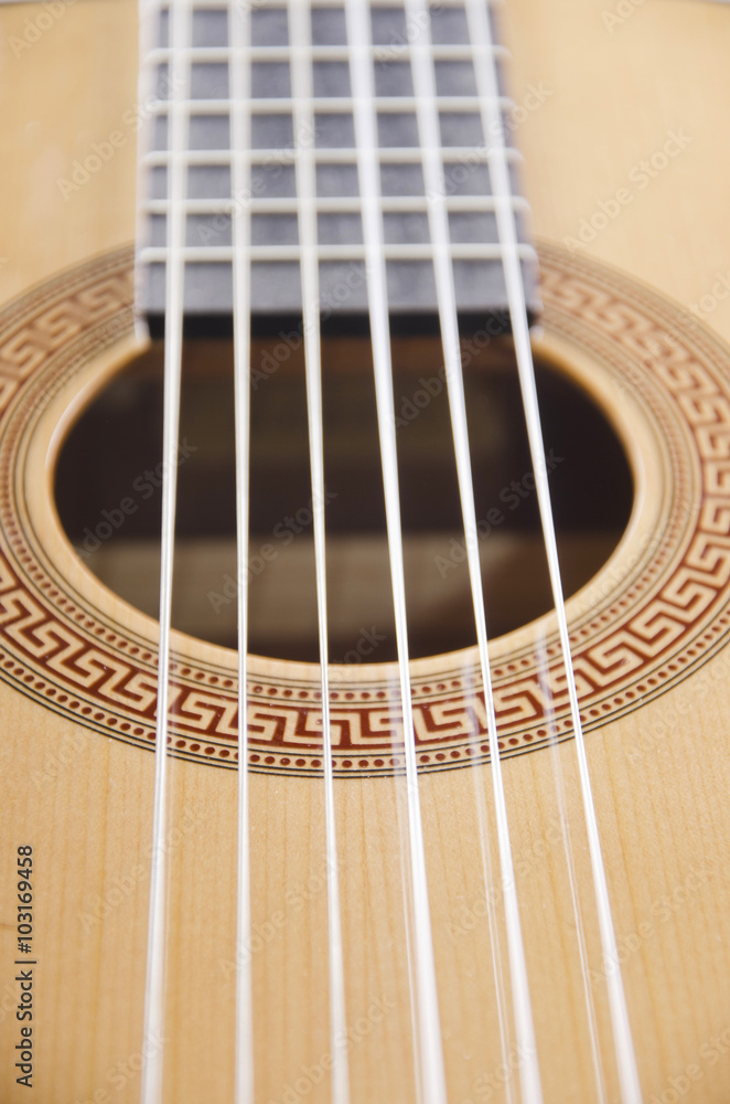Closeup of strings of a classical acoustic guitar (shallow DOF)