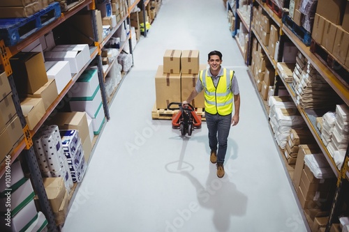 Canvas Print Worker pulling trolley with boxes