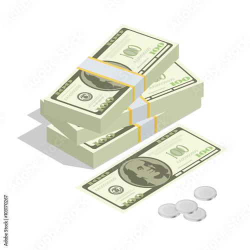 Hundreds of dollars. Stacked pile of cash. Stack of US Dollars on white background. Flat 3d isometric vector illustration. 