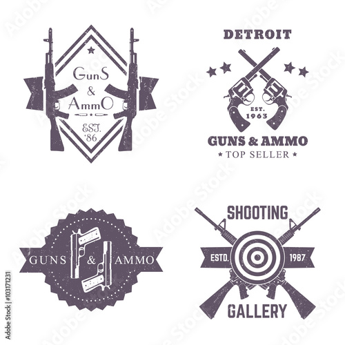 guns and ammo, vintage logos set, badges with automatic rifles, crossed revolvers, two pistols, shooting gallery logo, sign with assault rifles on white
