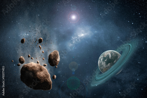 Cosmos scene with asteroid, planet and nebula in space