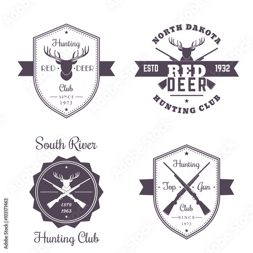 Hunting club vintage logo, badges, emblems with crossed hunting rifles, deer head, isolated on white, vector illustration