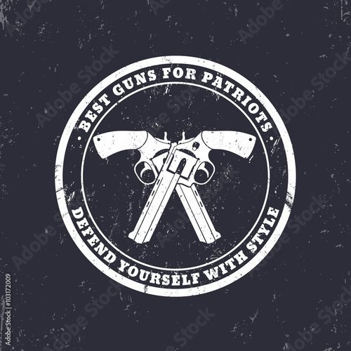 Round grunge emblem, sign with crossed revolvers, guns, vector illustration, eps10, easy to edit