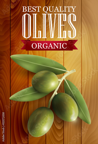 Green olive label with a wooden background and an interesting logo. Vector illustration.